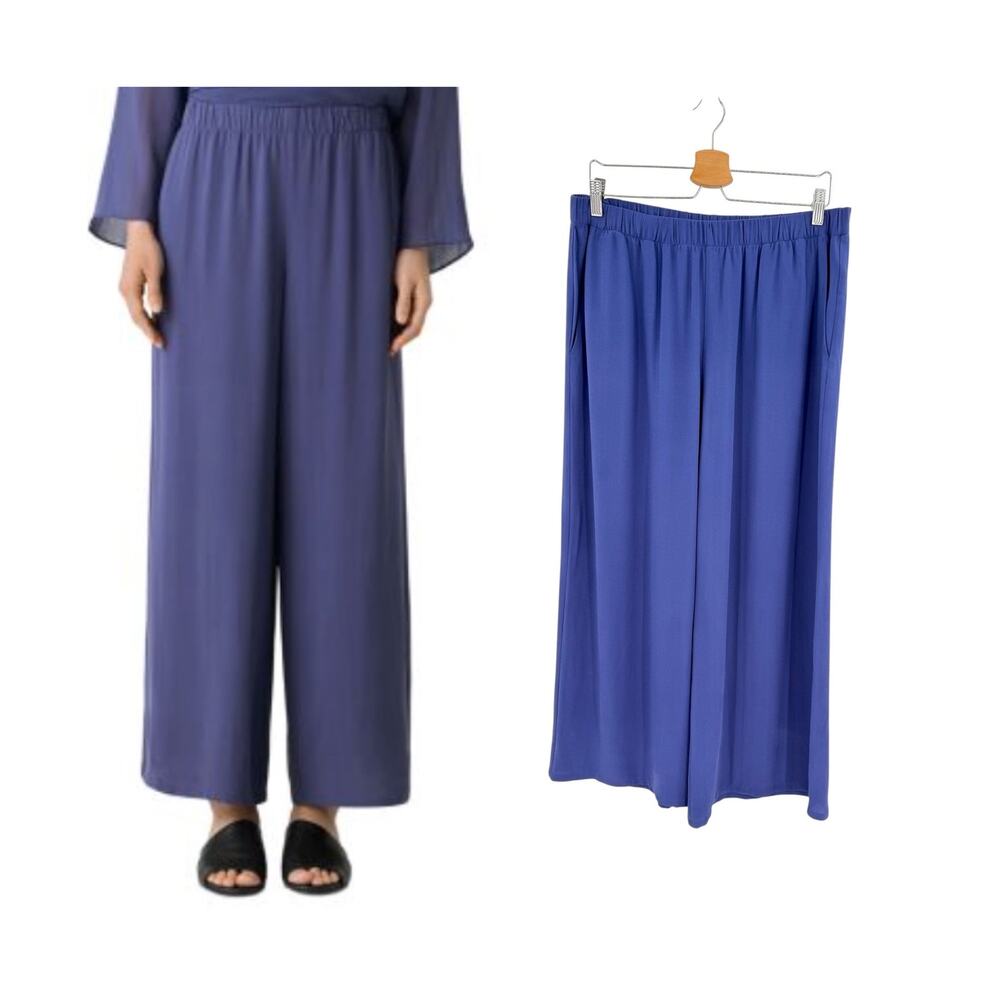 Eileen Fisher Silk Georgette Crepe Wide Ankle Pants Bluette Blue NWT Size Medium